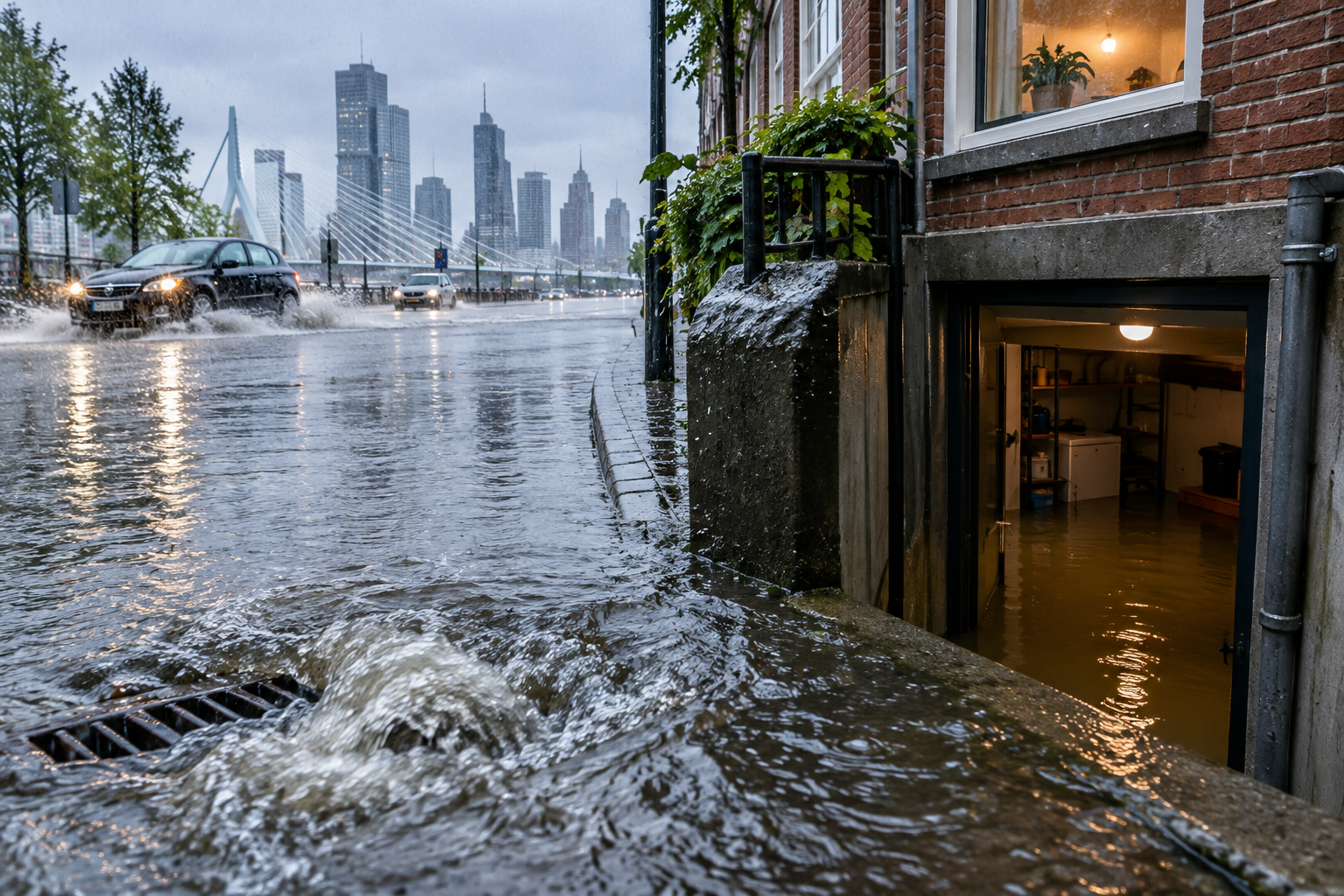 Zware regenbuien in Rotterdam: water in de kelder en een volle afvoer